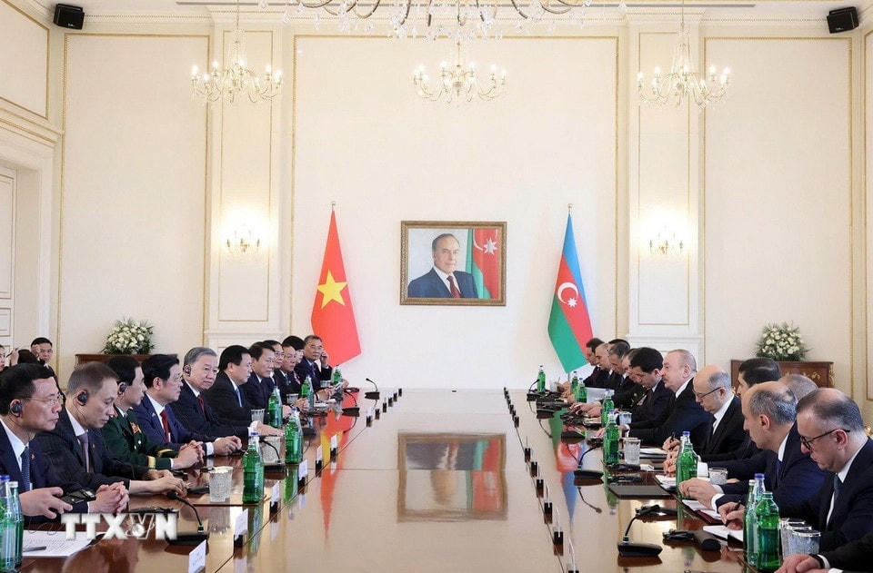 Tổng Bí thư Tô Lâm hội đàm cấp Nhà nước với Tổng thống Azerbaijan Ilham Aliyev. (Ảnh: Thống Nhất/ TTXVN)