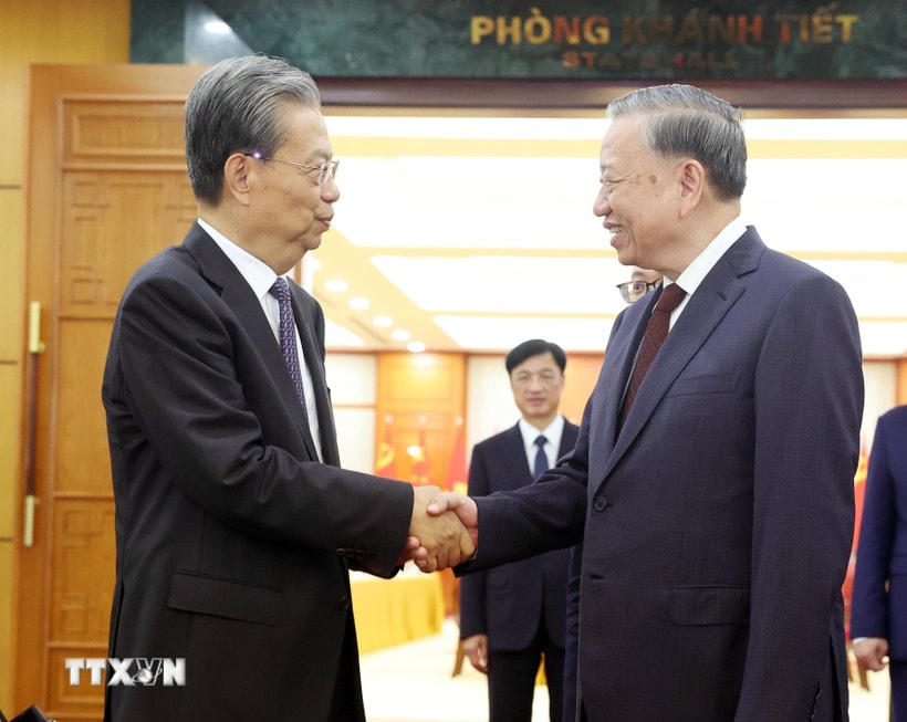 Tổng Bí thư Tô Lâm tiếp Ủy viên trưởng Nhân đại toàn quốc Trung Quốc Triệu Lạc Tế. (Ảnh: Thống Nhất/TTXVN)