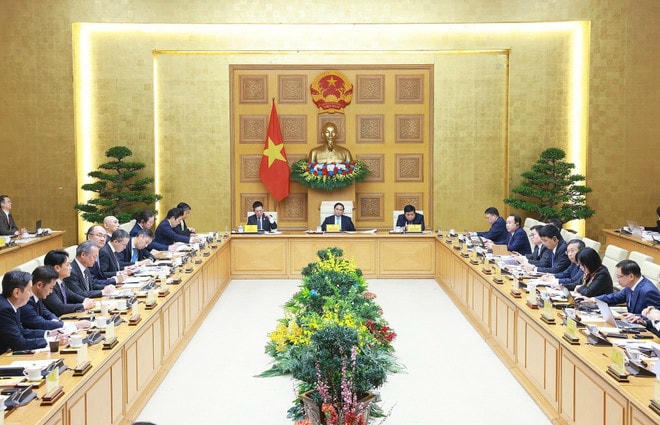 Thủ tướng Phạm Minh Chính và các Phó Thủ tướng Hồ Đức Phớc, Nguyễn Chí Dũng chủ trì Toạ đàm với các doanh nghiệp Nhật Bản. (Ảnh: Dương Giang/TTXVN) vna-potal-thu-tuong-toa-dam-voi-cac-doanh-nghiep-nhat-ban-7881714.jpg
