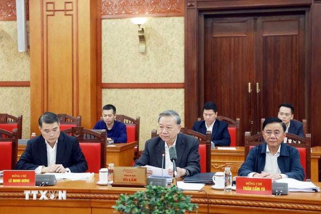 Tổng Bí thư Tô Lâm phát biểu chỉ đạo. (Ảnh: Thống Nhất/TTXVN) ttxvn-tong-bi-thu-chu-tri-phien-hop-thu-hai-bcd-trung-uong-0403-3.jpg