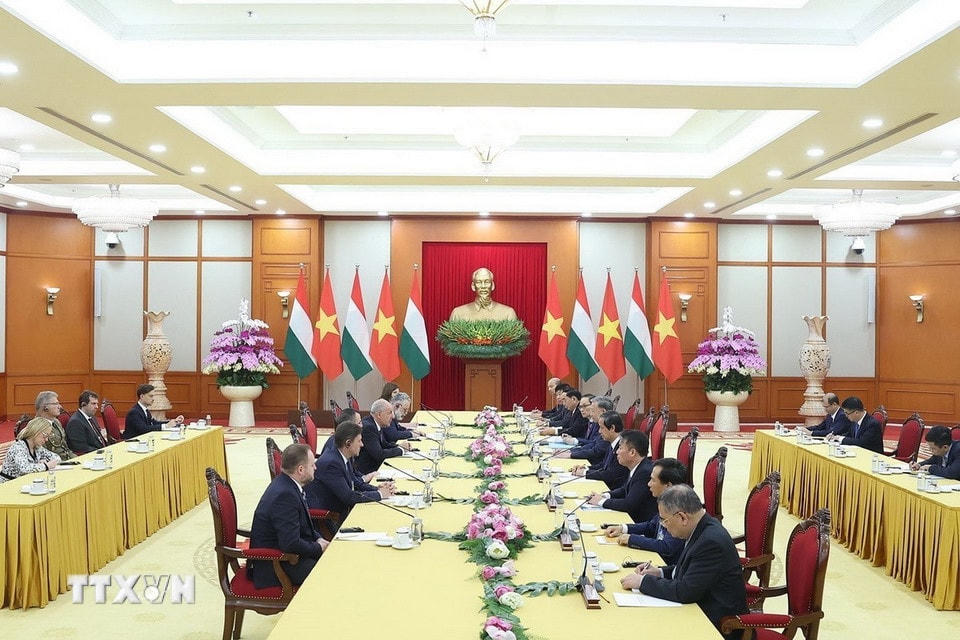 Tổng Bí thư Tô Lâm tiếp Tổng thống Hungary Sulyok Tamas thăm chính thức Việt Nam. (Ảnh: Thống Nhất/TTXVN)