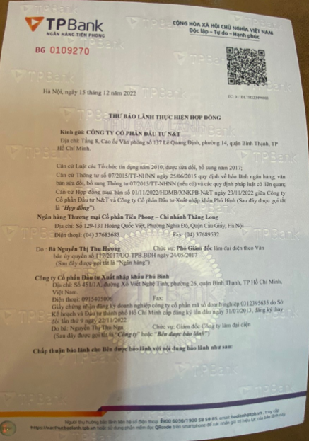 N&T đã chuyển đủ số tiền yêu cầu là hơn 10 tỷ đồng vào tài khoản của bên được bảo lãnh theo Thư bảo lãnh của TPBank.