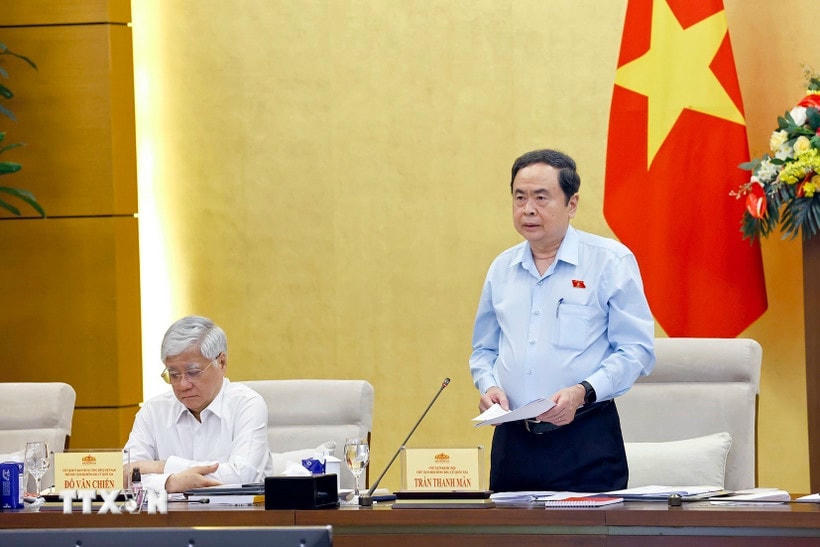 Chủ tịch Quốc hội Trần Thanh Mẫn, Chủ tịch Hội đồng Bầu cử quốc gia phát biểu. (Ảnh: Doãn Tấn/TTXVN)