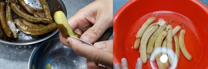 Sơ chế me tươi.