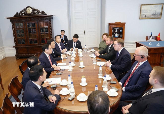 Thủ tướng Phạm Minh Chính hội đàm với Thủ tướng Cộng hòa Estonia Kristen Michal. (Ảnh: Dương Giang/TTXVN) ttxvn-thu-tuong-hoi-dam-thu-tuong-estonia-6.jpg