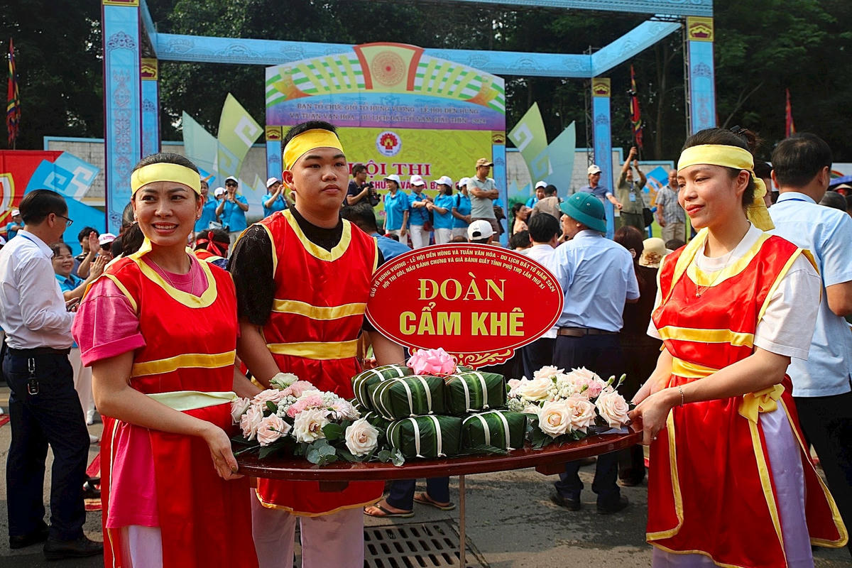 Thi gói, nấu bánh chưng tại Lễ hội Đền Hùng ngày 10/3 âm lịch (ngày 17/4/2024). Nguồn: Báo Phú Thọ.