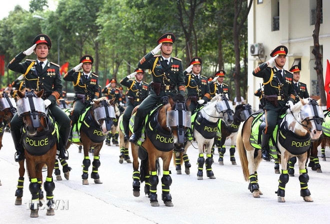 Khối kỵ binh của Cảnh sát cơ động với những chiến mã dũng mãnh sải bước uy nghiêm, tạo điểm nhấn ấn tượng trong buổi hợp luyện. (Ảnh: Lê Xuân/TTXVN) ttxvn-ky-binh-2.jpg