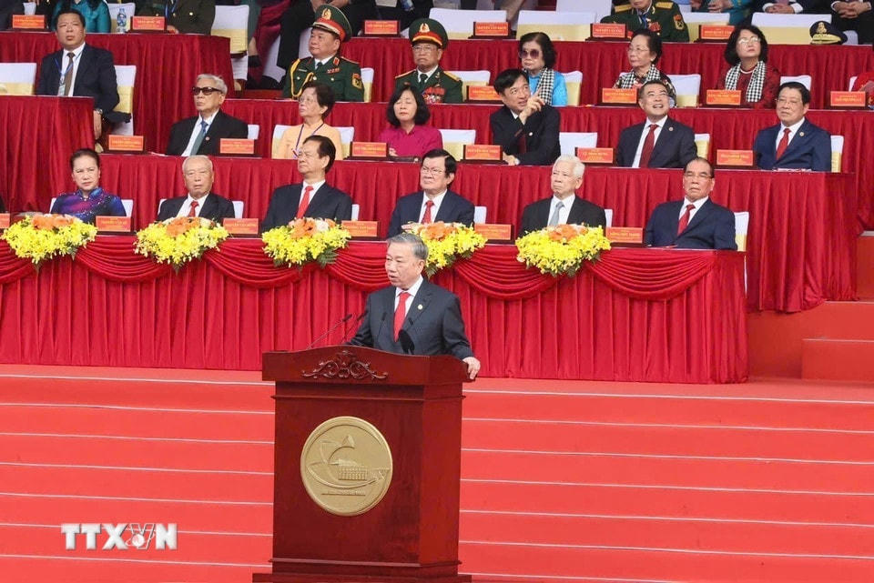 Tổng Bí thư Tô Lâm phát biểu tại lễ kỷ niệm. (Ảnh: TTXVN)