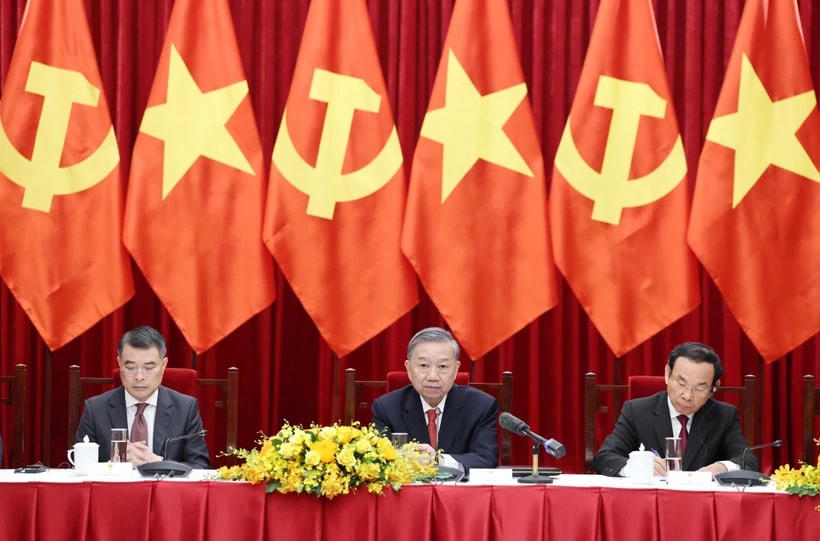 Tổng Bí thư Tô Lâm cùng các đồng chí Lãnh đạo Đảng chủ trì buổi tiếp. (Ảnh: Thống Nhất/TTXVN)