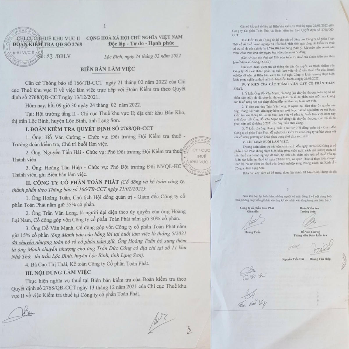 Biên bản làm việc được Cơ quan Thuế tỉnh Lạng Sơn kết luận Công ty Cổ phần Toàn Phát trốn thuế