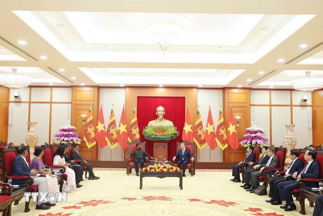 Tổng Bí thư Tô Lâm tiếp Tổng thống Sri Lanka Anura Kumara Dissanayaka. (Ảnh: Thống Nhất/TTXVN) ttxvn-0405-tong-bi-thu-viet-nam-sri-lanka-7.jpg