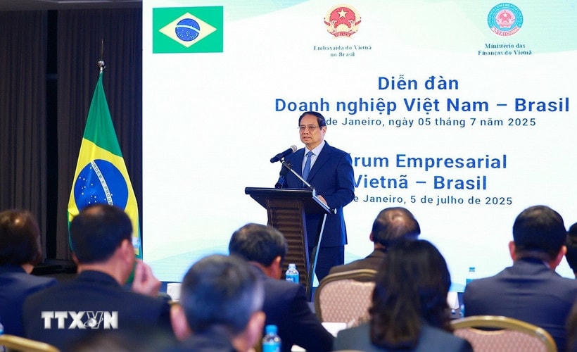 Thủ tướng Phạm Minh Chính phát biểu tại Diễn đàn doanh nghiệp Việt Nam-Brazil. (Ảnh: Dương Giang/TTXVN)