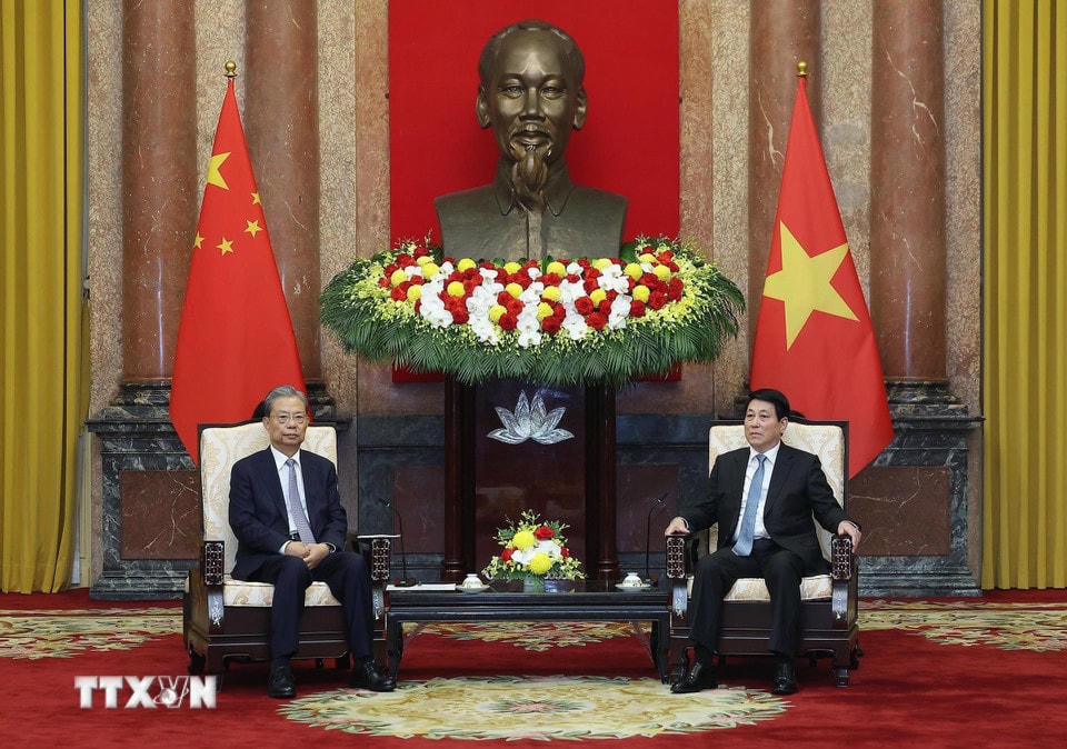 Chủ tịch nước Lương Cường tiếp Ủy viên trưởng Nhân đại toàn quốc Trung Quốc Triệu Lạc Tế. (Ảnh: Lâm Khánh/TTXVN)