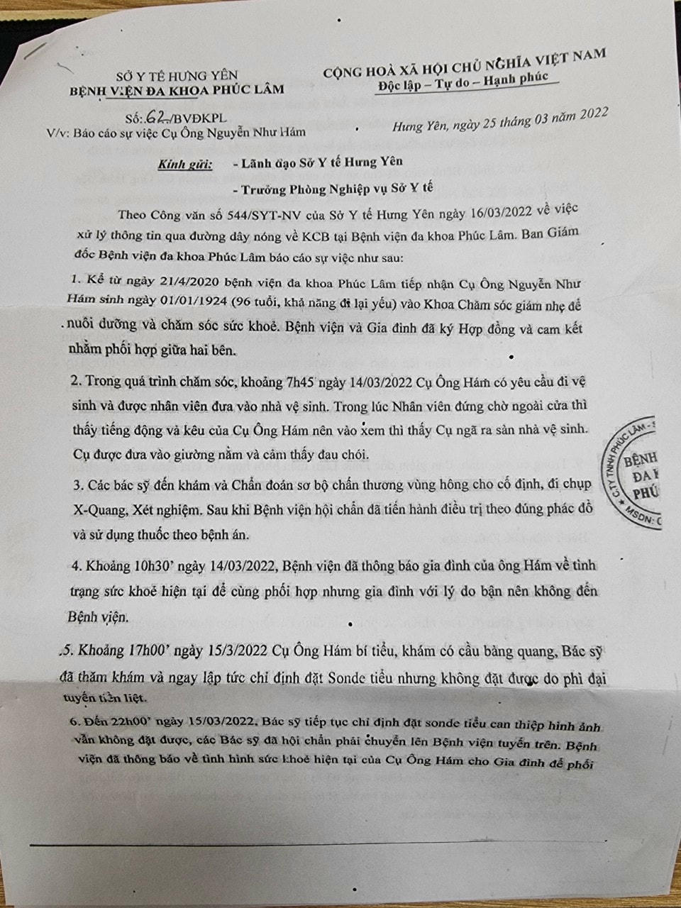 Văn bản báo cáo của Ban Lãnh đạo Bệnh viện Phúc Lâm-Hưng Yên với Sở Y tế tỉnh Hưng Yên