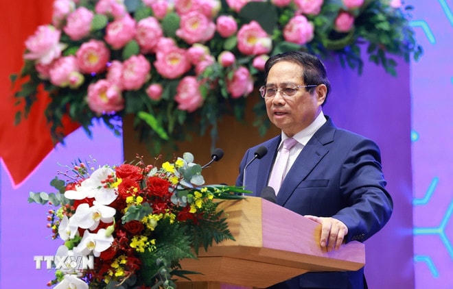 Thủ tướng Phạm Minh Chính phát biểu tại Lễ khai trương Cổng Pháp luật Quốc gia. (Ảnh: Dương Giang/TTXVN) ttxvn-thu-tuong-cong-phap-luat-3.jpg