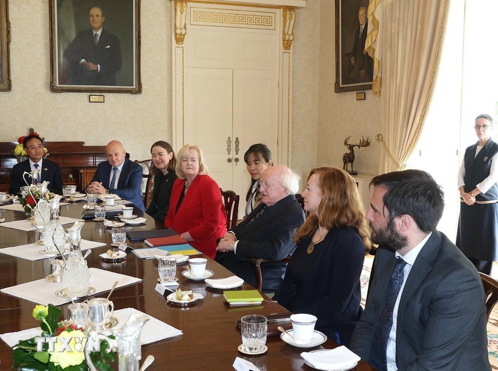 Tổng thống Ireland Michael D. Higgins và thành viên đoàn Ireland tại cuộc hội đàm với Tổng Bí thư, Chủ tịch nước Tô Lâm. (Ảnh: Trí Dũng/TTXVN) ttxvn_tong_bi_thu_chu_tich_nuoc_to_lam_hoi_dam_voi_tong_thong_ireland_michael_d_higgins_4.jpg