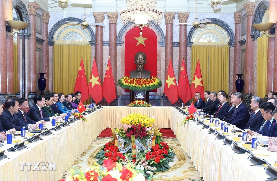 Chủ tịch nước Lương Cường hội đàm với Tổng Bí thư, Chủ tịch nước Trung Quốc Tập Cận Bình. (Ảnh: Lâm Khánh/TTXVN)