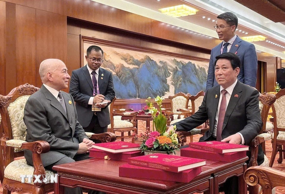 Chủ tịch nước Lương Cường gặp Quốc vương Campuchia Norodom Sihamoni. (Ảnh: TTXVN phát)