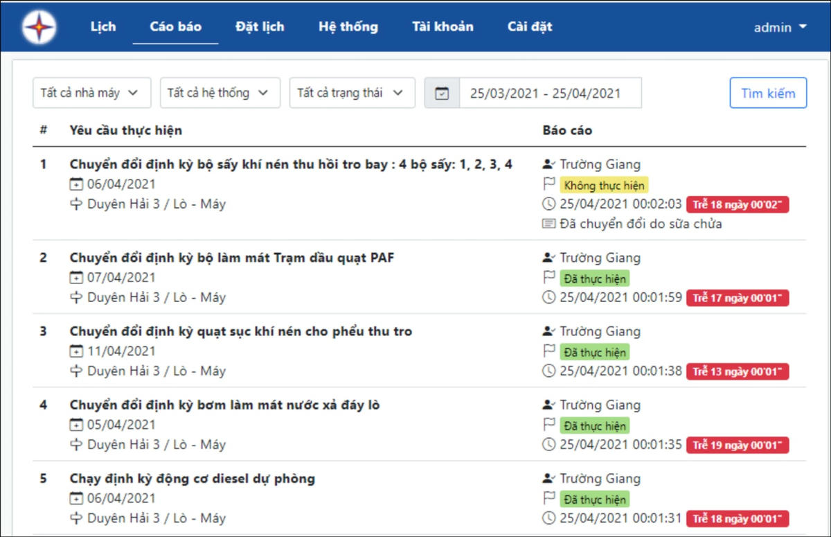 Màn hình truy xuất lịch sử.