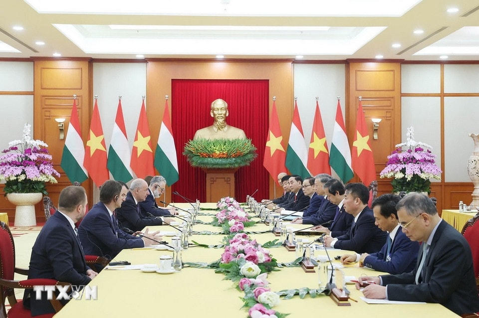 Tổng Bí thư Tô Lâm tiếp Tổng thống Hungary Sulyok Tamas thăm chính thức Việt Nam. (Ảnh: Thống Nhất/TTXVN)