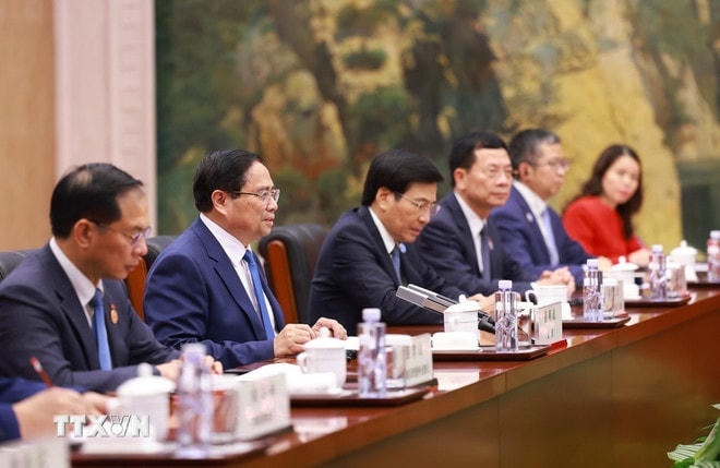 Thủ tướng Phạm Minh Chính phát biểu tại buổi hội đàm với Thủ tướng Trung Quốc Lý Cường. Ảnh: Dương Giang-TTXVN ttxvn-thu-tuong-hoi-dam-thu-tuong-trung-quoc-5.jpg