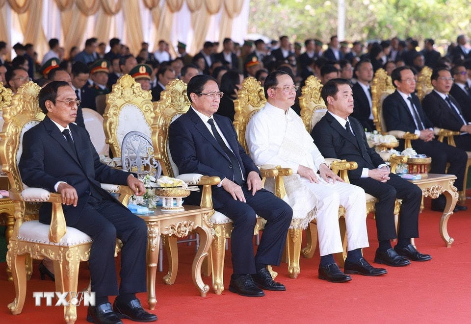 Thủ tướng Phạm Minh Chính dự Lễ truy điệu nguyên Chủ tịch Đảng Nhân dân Cách mạng Lào, nguyên Chủ tịch nước Lào Khamtay Siphandone. (Ảnh: Dương Giang/TTXVN)
