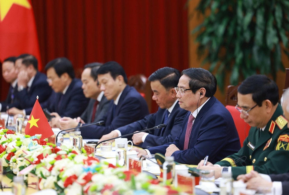 Thủ tướng Phạm Minh Chính phát biểu tại cuộc hội kiến Tổng Bí thư, Chủ tịch nước Trung Quốc Tập Cận Bình. (Ảnh: Dương Giang/TTXVN)