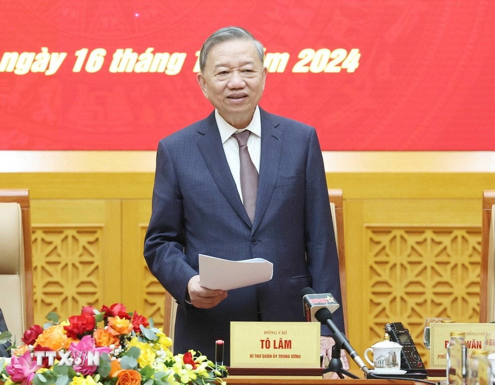 Tổng Bí thư Tô Lâm, Bí thư Quân ủy Trung ương phát biểu. (Ảnh: Thống Nhất/TTXVN) ttxvn_to lam.jpg
