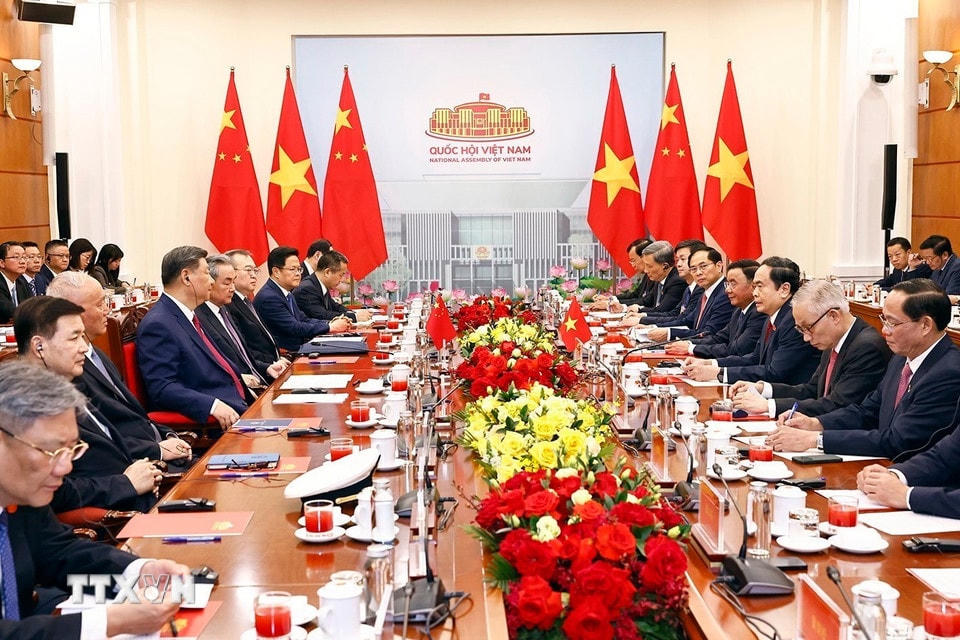 Chủ tịch Quốc hội Trần Thanh Mẫn hội kiến Tổng Bí thư, Chủ tịch nước Trung Quốc Tập Cận Bình thăm cấp Nhà nước tới Việt Nam. (Ảnh: Doãn Tấn/TTXVN)