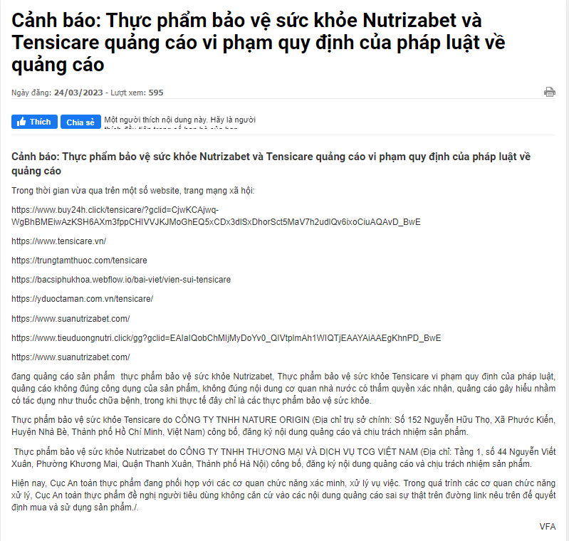 Cảnh báo của Cục An toàn thực phẩm.