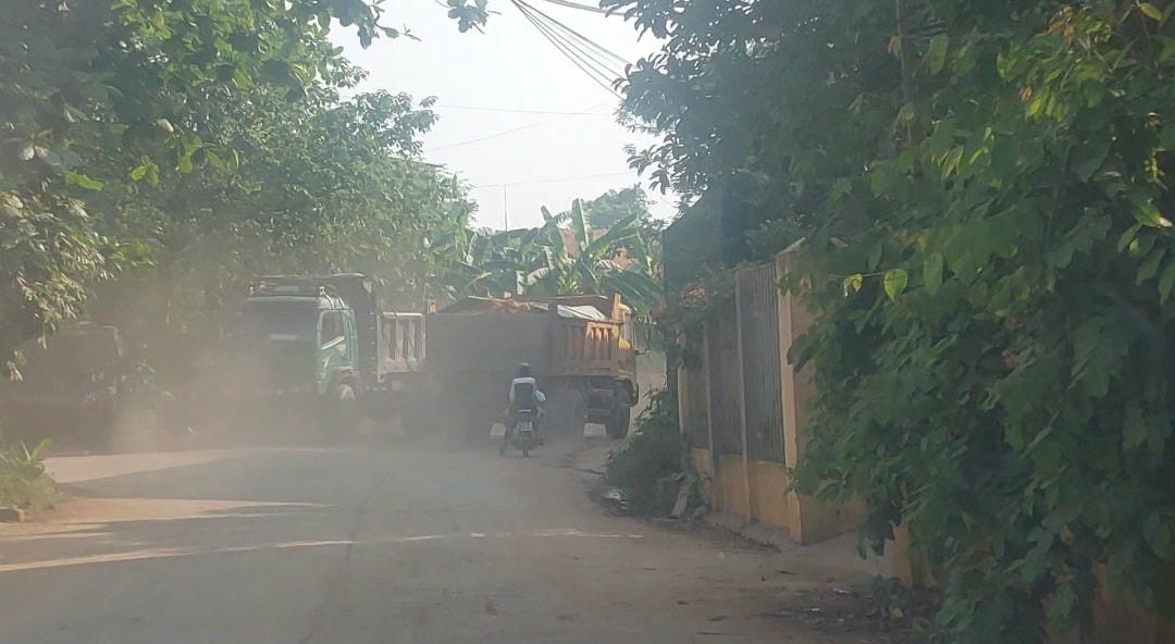 Những chiếc xe đi vào đường làng, bụi mù mịt.