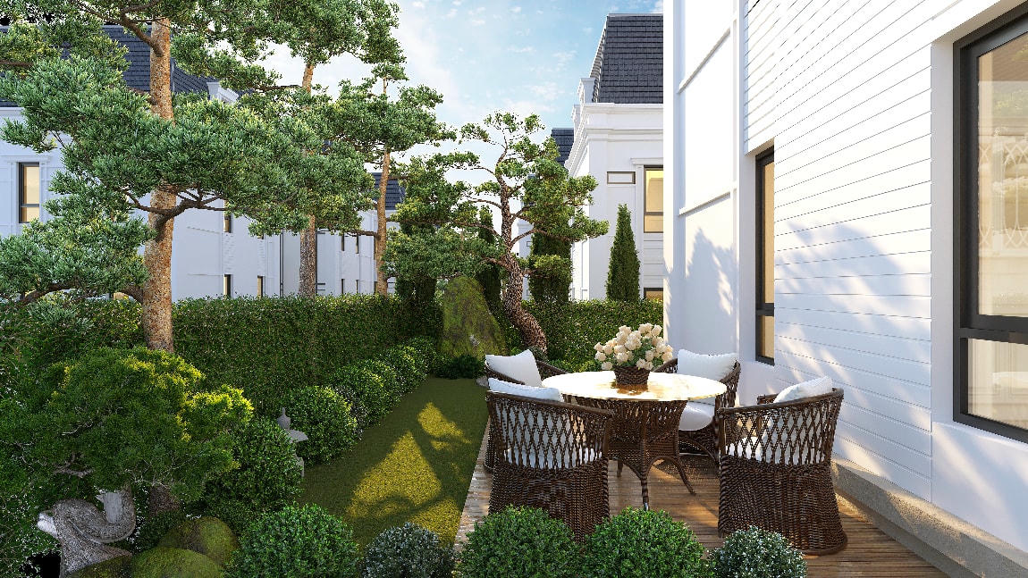 Với thiết kế sân vườn rộng cùng những hàng cây xanh mát gia đình có thể tổ chức các bữa tiệc ngoài trời, quây quần bên nhau mỗi cuối tuần.