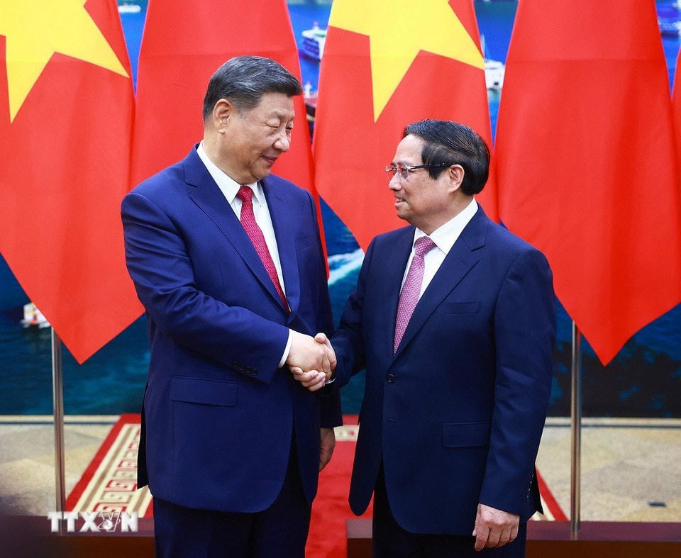 Thủ tướng Phạm Minh Chính hội kiến Tổng Bí thư, Chủ tịch nước Trung Quốc Tập Cận Bình. (Ảnh: Dương Giang/TTXVN)