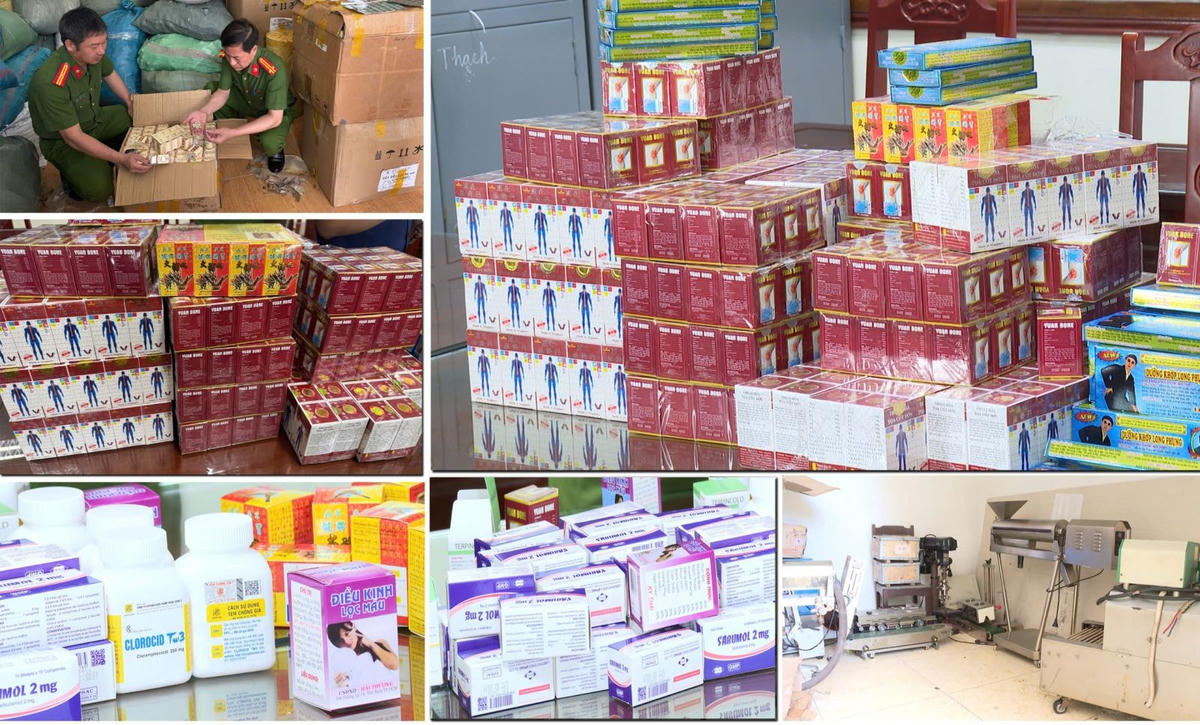 Gần 10 tấn là sản phẩm và nguyên liệu làm thuốc giả bị Công an thu giữ. Ảnh: CATH