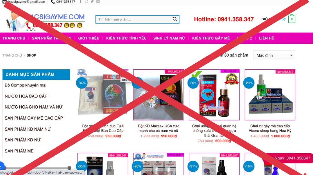 Một loạt sản phẩm thuốc kích dục kèm giá bán trên wedsite bacsigayme.com.