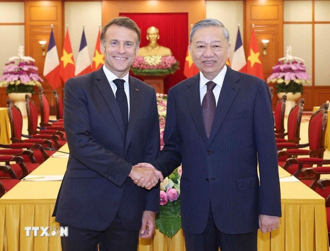 Tổng Bí thư Tô Lâm tiếp Tổng thống Pháp Emmanuel Macron. (Ảnh: Thống Nhất/TTXVN) ttxvn-tuyen-bo-chung-viet-nam-phap-2705-3.jpg