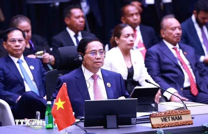 Thủ tướng Phạm Minh Chính tham dự và phát biểu tại Phiên toàn thể Hội nghị Cấp cao ASEAN lần thứ 46. (Ảnh: Dương Giang/TTXVN)