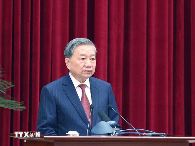 Tổng Bí thư Tô Lâm phát biểu bế mạc Hội nghị lần thứ 11 Ban Chấp hành Trung ương Đảng khóa XIII. (Ảnh: Thống Nhất/TTXVN) ttxvn-be-mac-hoi-nghi-trung-uong-1.jpg