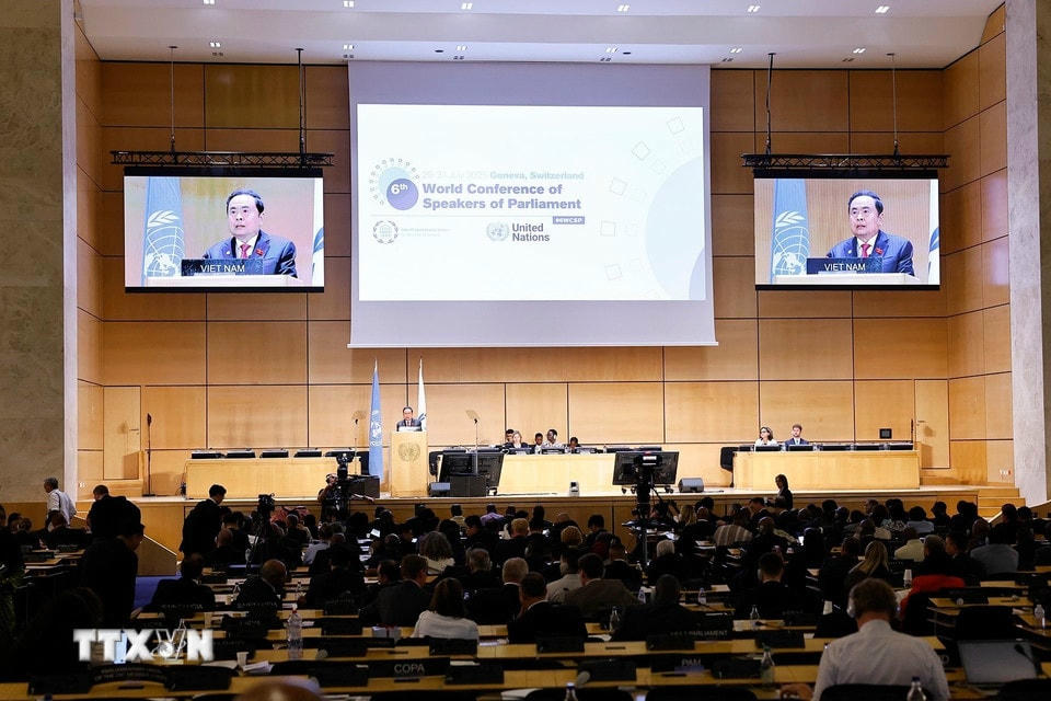 Chủ tịch Quốc hội Trần Thanh Mẫn phát biểu tại Phiên thảo luận chung của Hội nghị các Chủ tịch Quốc hội Thế giới lần thứ 6. (Ảnh: Doãn Tấn/TTXVN)