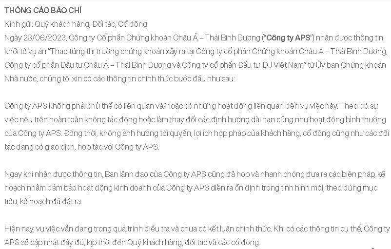Thông cáo được đăng tải trên website của Chứng khoán Apec.
