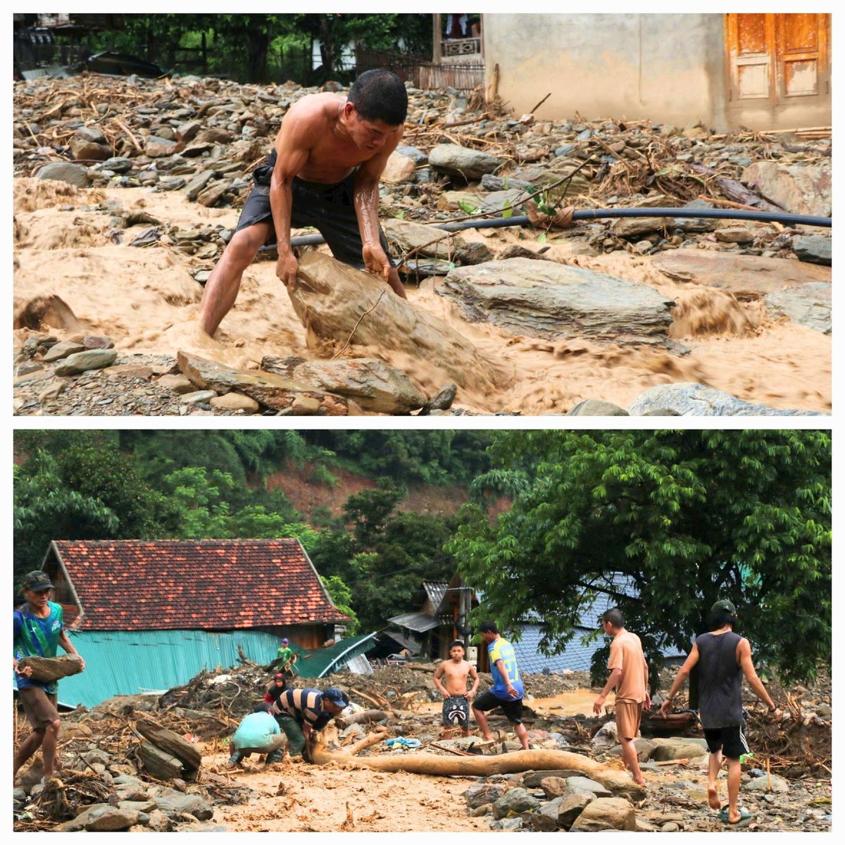 Trưa 5/8, trên địa bàn xuất hiện cơn mưa lớn kéo dài hơn 1 giờ đồng hồ khiến nước tràn về, chảy xối xả... Người dân bản Ta Đo bất an, lo lắng hô hào nhau khơi thông dòng chảy, xếp đá làm bờ kè để tránh nước khe Buộc dâng cao, không thoát kịp, tràn vào nơi ở. Ảnh: Quốc Thanh