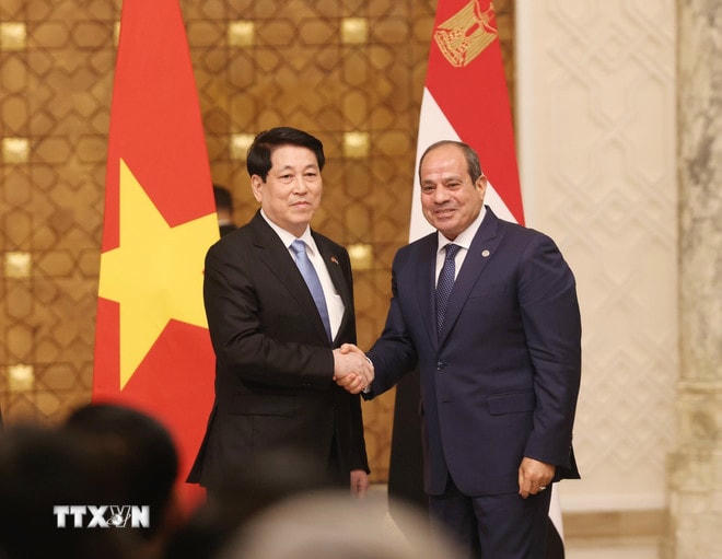 Chủ tịch nước Lương Cường và Tổng thống Ai Cập Abdel Fattah El-Sisi tại cuộc gặp gỡ báo chí, thông tin về kết quả hội đàm. (Ảnh: Lâm Khánh/TTXVN) ttxvn-chu-tich-nuoc-luong-cuong-va-tong-thong-ai-cap-thong-bao-ket-qua-hoi-dam-8191986-3.jpg