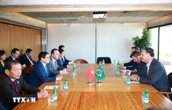 Thủ tướng Phạm Minh Chính làm việc với Bộ Nông nghiệp và Chăn nuôi Brazil. (Ảnh: Dương Giang/TTXVN) ttxvn-thu-tuong-chung-kien-lo-hang-thit-bo-dau-tien-cua-brazil-3.jpg
