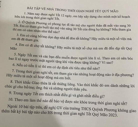 Bài tập về nhà trong thời gian nghỉ Tết Nguyên đán Quý Mão do thầy Hồ Tuấn Anh – Hiệu trưởng Trường THCS Quỳnh Phương giao cho học sinh của trường.