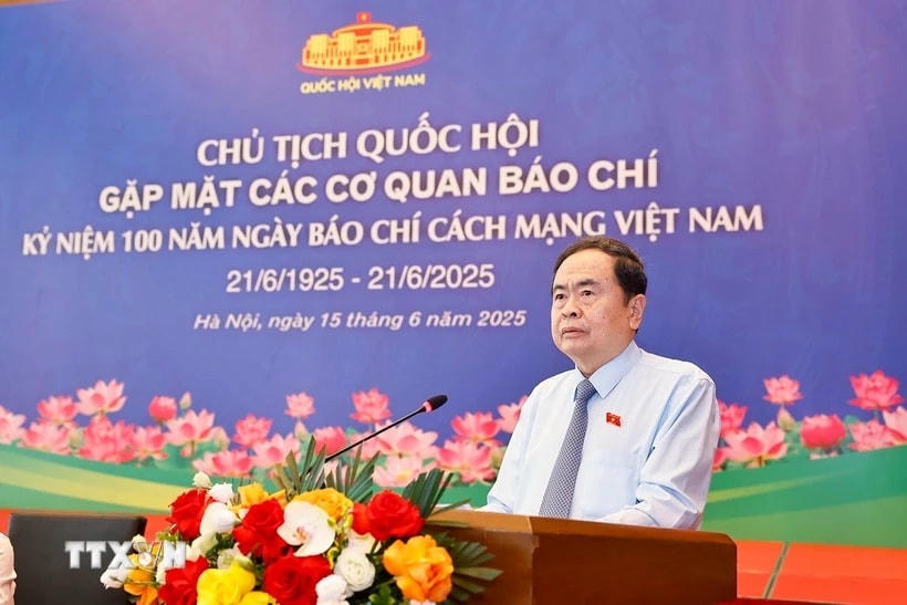 Chủ tịch Quốc hội Trần Thanh Mẫn phát biểu tại cuộc gặp mặt lãnh đạo các cơ quan báo chí. (Ảnh: Doãn Tấn/TTXVN)