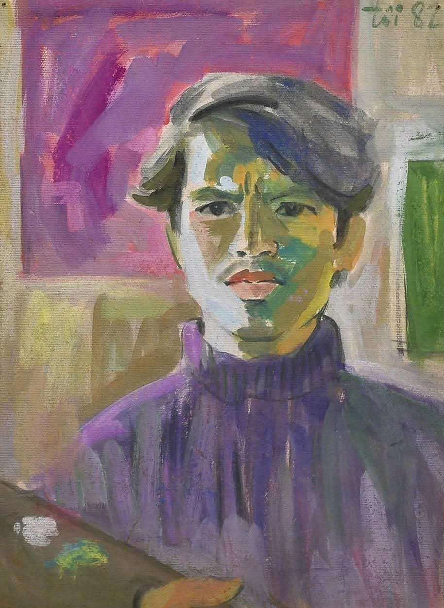 Chan dung tu hoa KT 40x60cm Bot mau tren giay bia Nam sang tac 1982