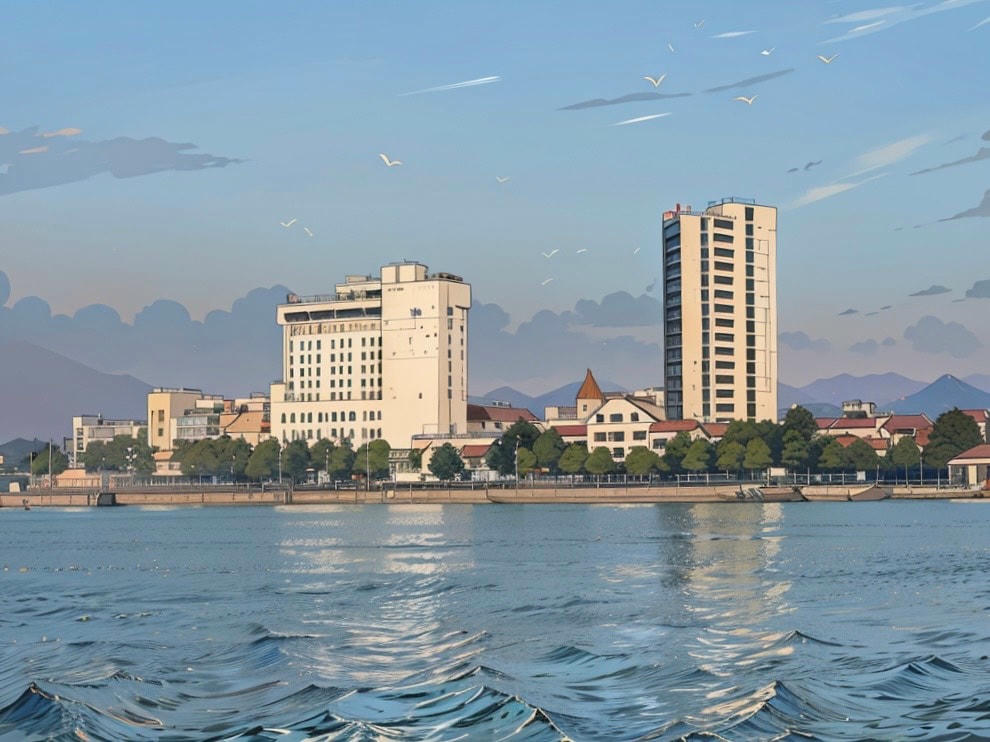 Hồ Công viên Văn Lang dưới phiên bản Anime với con sóng nhỏ đẹp không khác gì như ở biển.