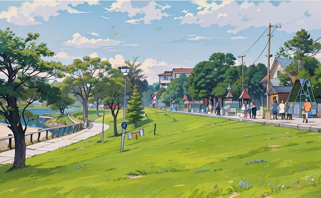 Triền cỏ thoai thoải, sạch đẹp giúp mọi người thư thái khi đi dạo.