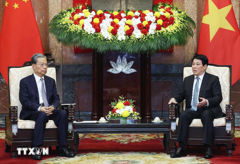 Chủ tịch nước Lương Cường tiếp Ủy viên trưởng Nhân đại toàn quốc Trung Quốc Triệu Lạc Tế. (Ảnh: Lâm Khánh/TTXVN)