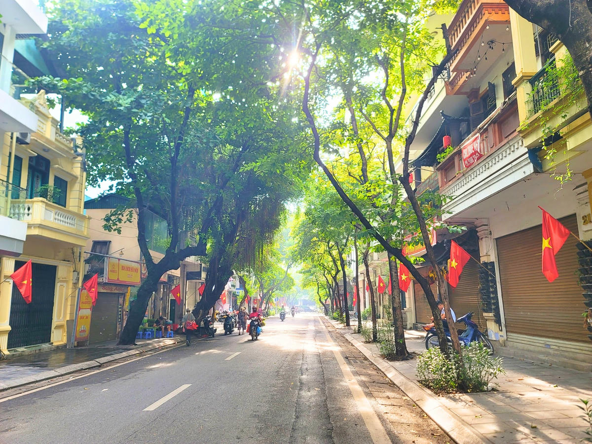 Cờ tổ quốc được người dân trên phố Sơn Tây, phường Điện Biên, quận Ba Đình